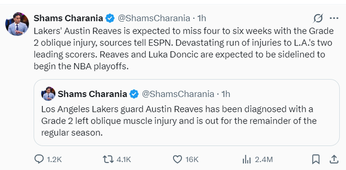 湖人后卫里夫斯腹斜肌二级拉伤将缺席4-6周 雷迪