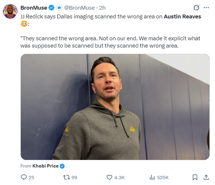 湖人后卫里夫斯腹斜肌二级拉伤将缺席4-6周 雷迪